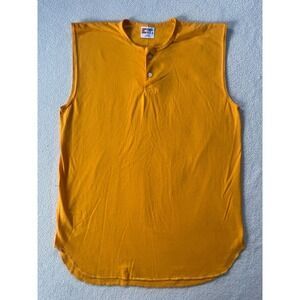 90's Eagle USA Mens Large Sleeveless Henley Shirt Yellow Made in USA Curved Hem